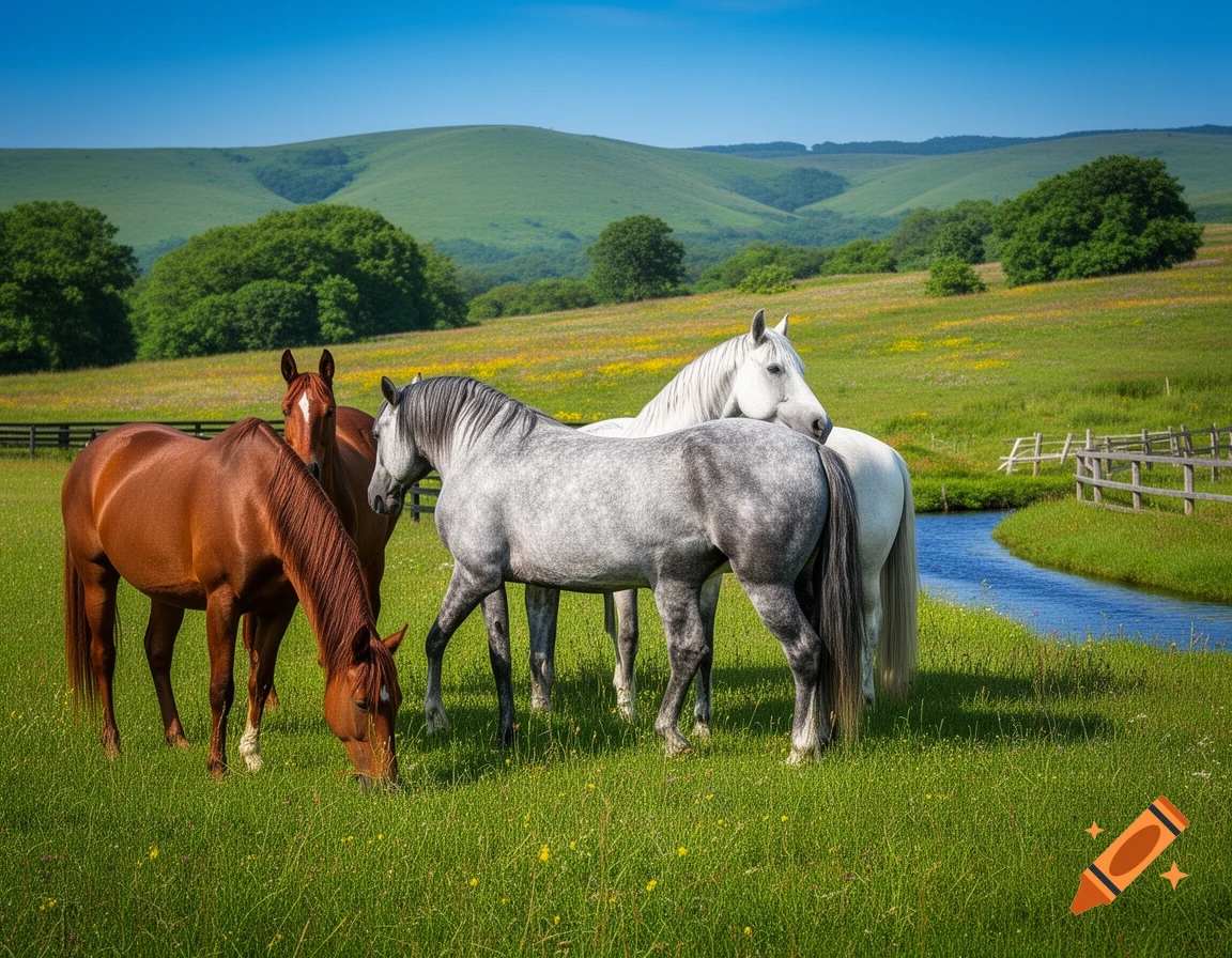 Four horses, two brown, one dappled gray, and one white, stand in a lush green meadow with rolling hills and a stream under a blue sky.