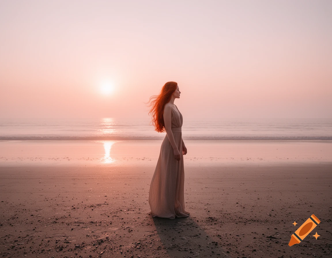 A red-haired woman in a flowing dress stands on a sandy beach, gazing at the ocean during a soft pink sunrise.