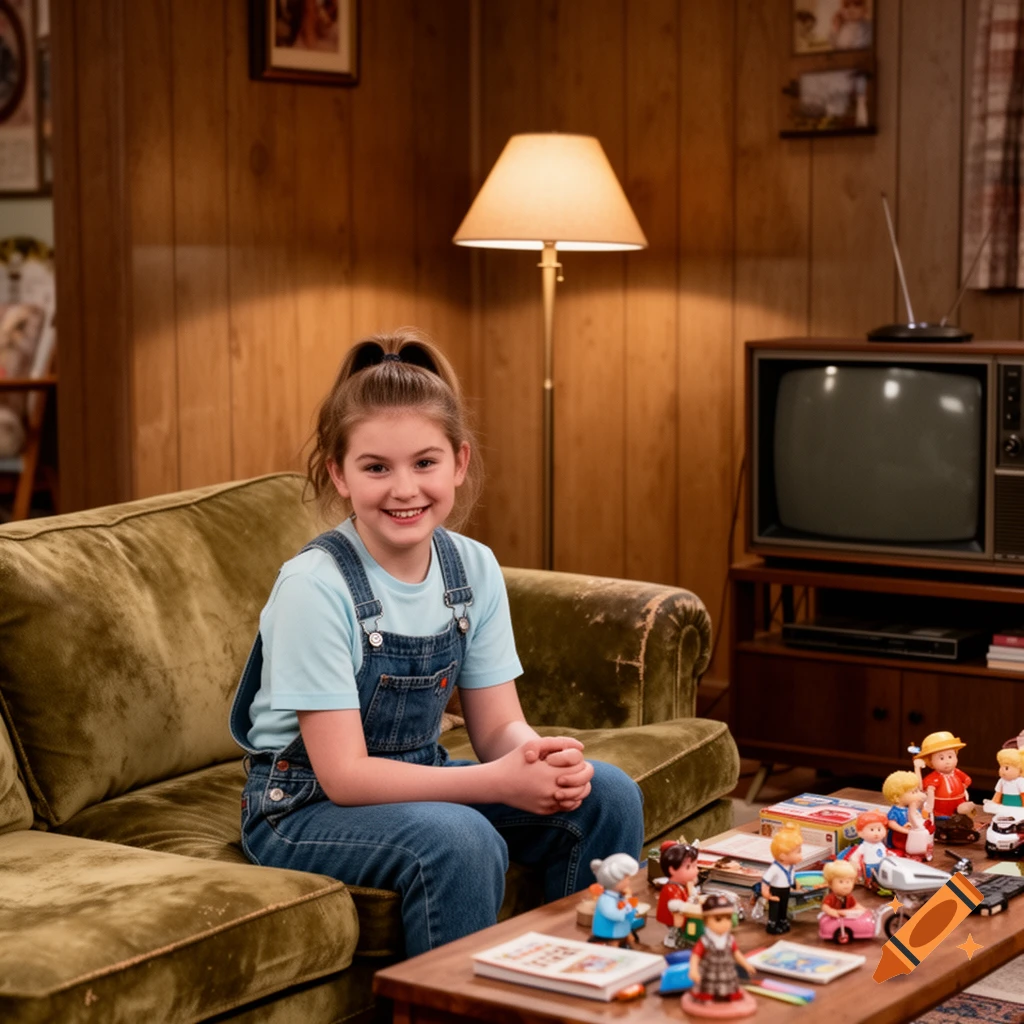 A smiling young girl in overalls sits on an olive green couch in a retro living room with toys on a coffee table.