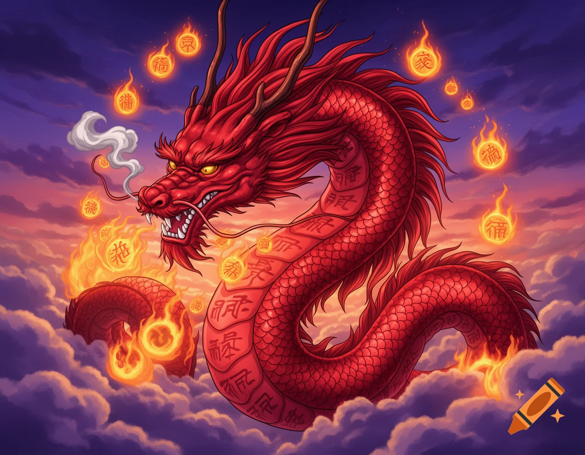 A vibrant red anime-style Chinese dragon with fire and auspicious symbols, emerging from purple and orange clouds.
