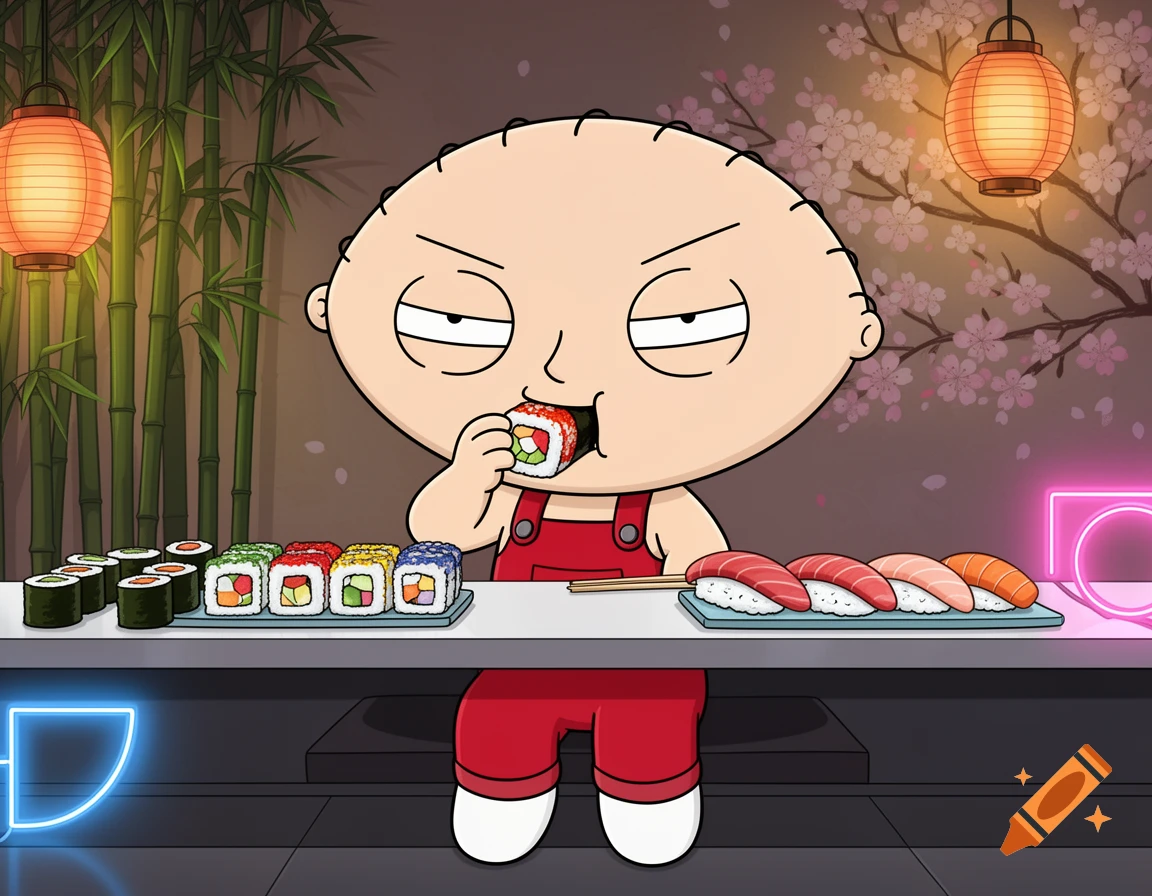 Stewie Griffin from Family Guy, in red overalls, eating a sushi roll at a counter with various sushi, against a bamboo and cherry blossom background.