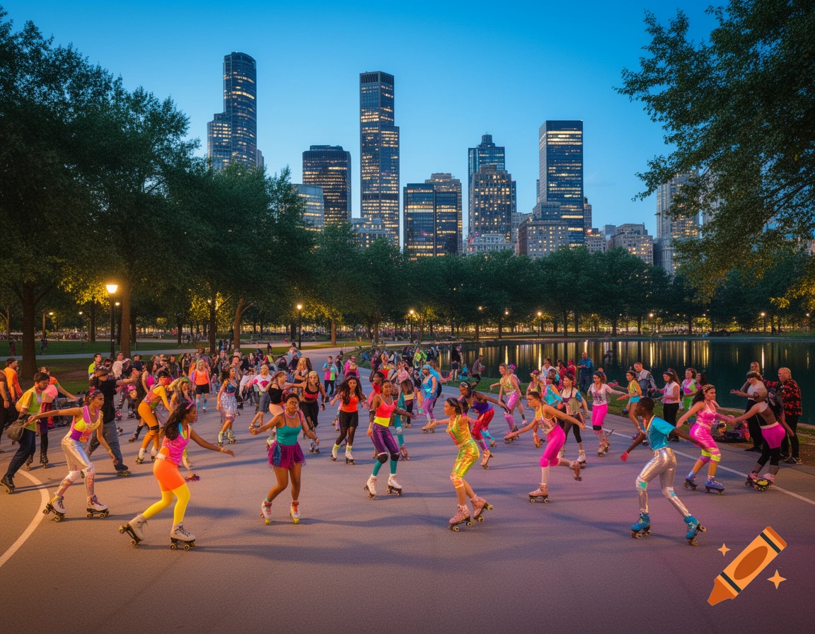 A large crowd of people in colorful activewear roller skating on a path in a park at dusk, with a city skyline in the background.