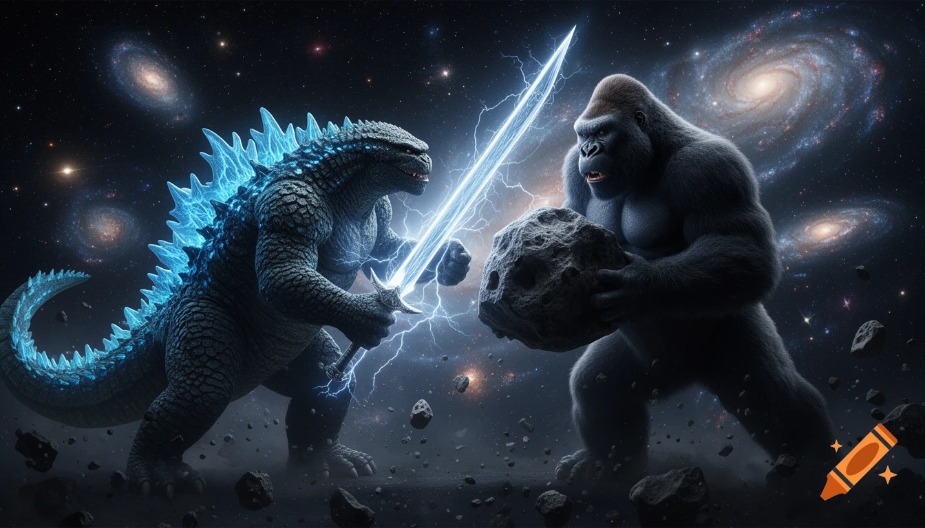 Godzilla wielding a lightning sword battles King Kong, who holds an asteroid, in deep space with swirling galaxies.