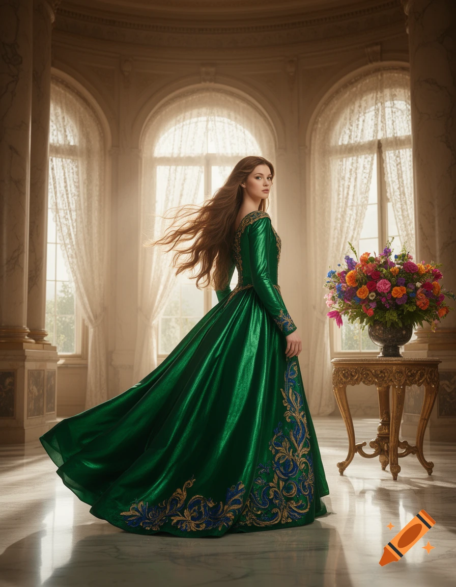 A woman with long brown hair in a flowing emerald green gown with gold and blue embroidery stands in a grand hall with arched windows.