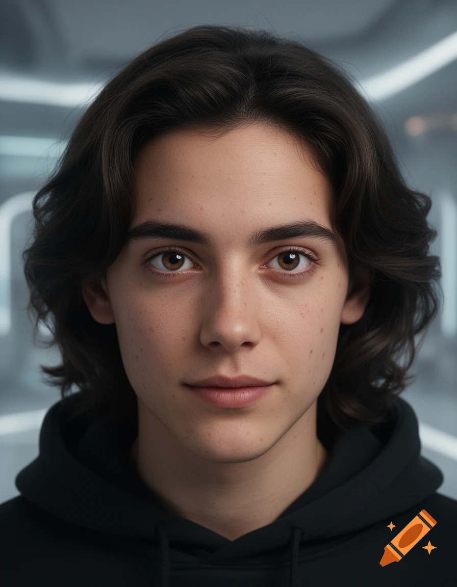 Photorealistic cinematic studio portrait of a young person with dark wavy hair, calm intelligent expression, wearing a black hoodie.
