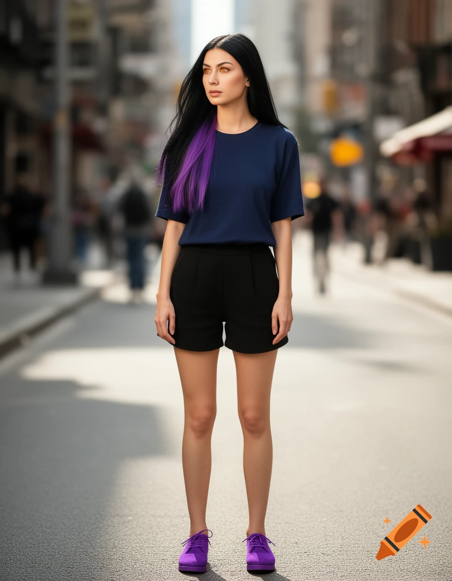 A photorealistic woman with long black hair, purple highlights, amber eyes, in a blue shirt, black shorts, and purple shoes, standing on a city street.