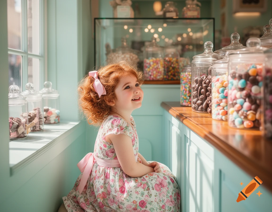A smiling little girl with red curly hair and a pink bow sits in a candy store, looking up at jars of colorful sweets.