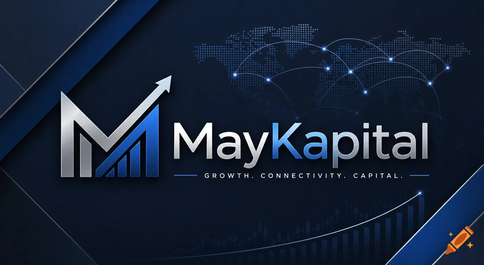 Modern corporate logo for 'MayKapital' with a silver and blue 'M' icon, a world map, and subtle bar charts on a dark blue background.