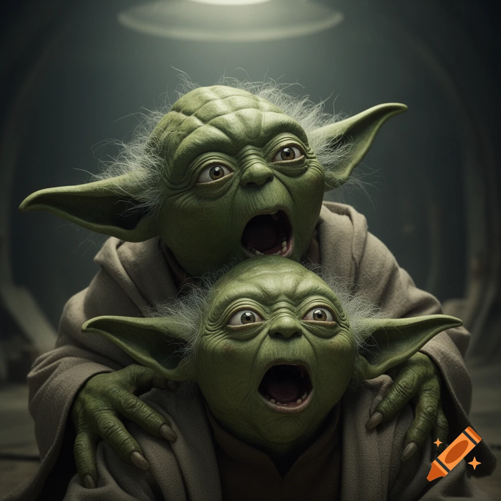 Two photorealistic Yoda figures, one behind the other, both screaming with wide-open mouths.