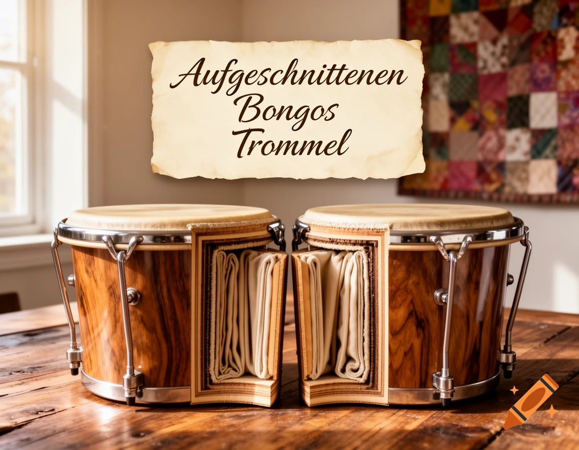 Two bongo drums on a wooden table, one sliced vertically to reveal folded interior fabric, with a banner above reading 'Aufgeschnittenen Bongos Trommel'.