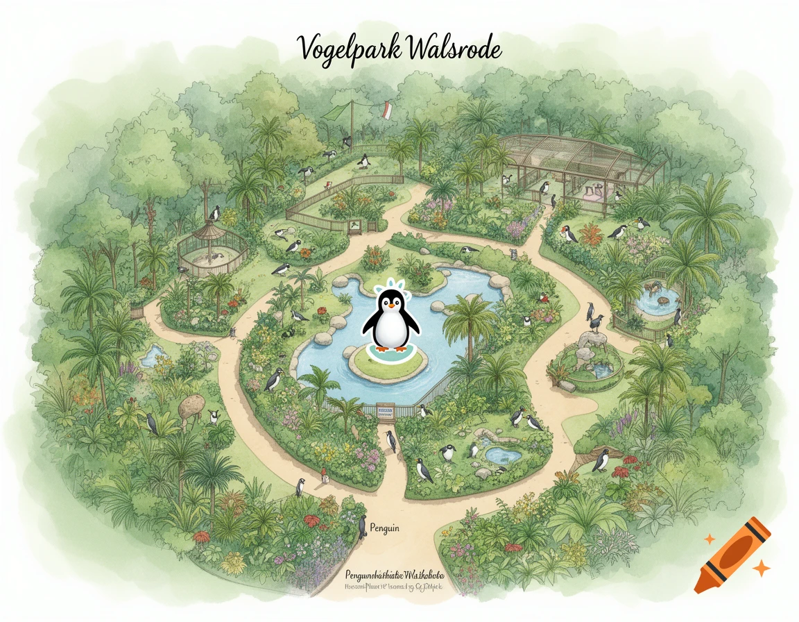 A watercolor-style illustrated map of Vogelpark Walsrode, showing penguin enclosures, lush trees, plants, and ponds.