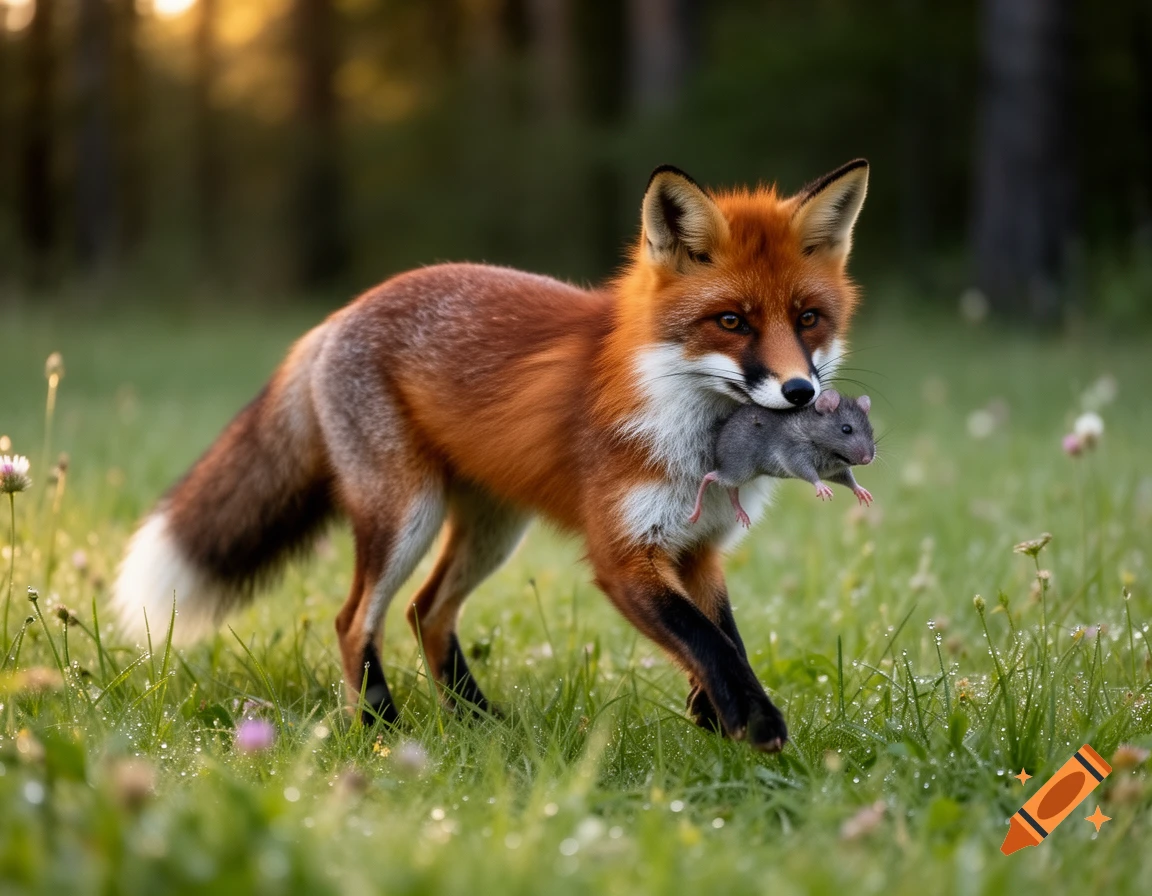 A photorealistic red fox with a gray mouse in its mouth walks through a dew-covered grassy field at sunset.