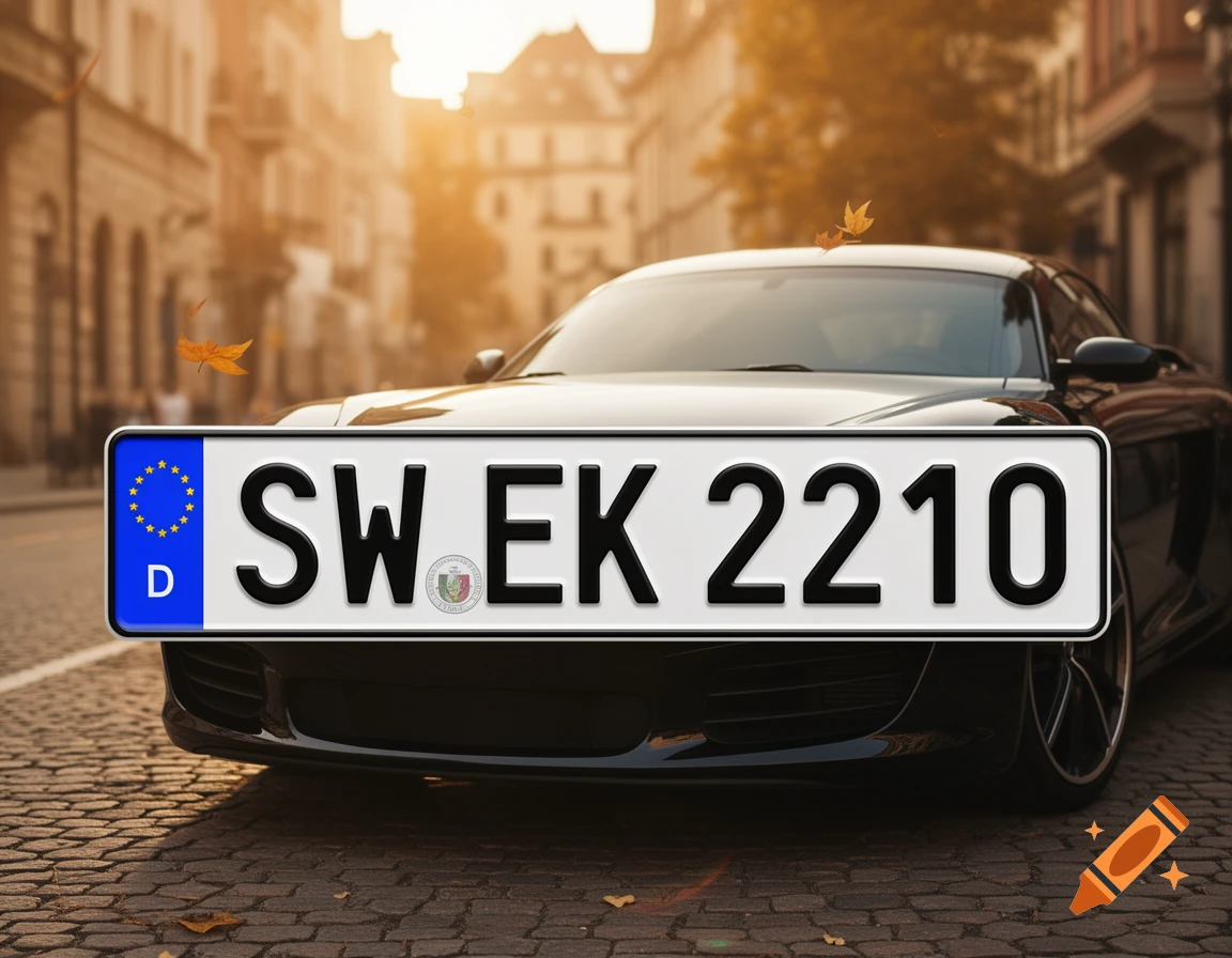 A black sports car with a prominent German license plate "SW EK 2210" is parked on a cobblestone street, with a blurred cityscape in the background.
