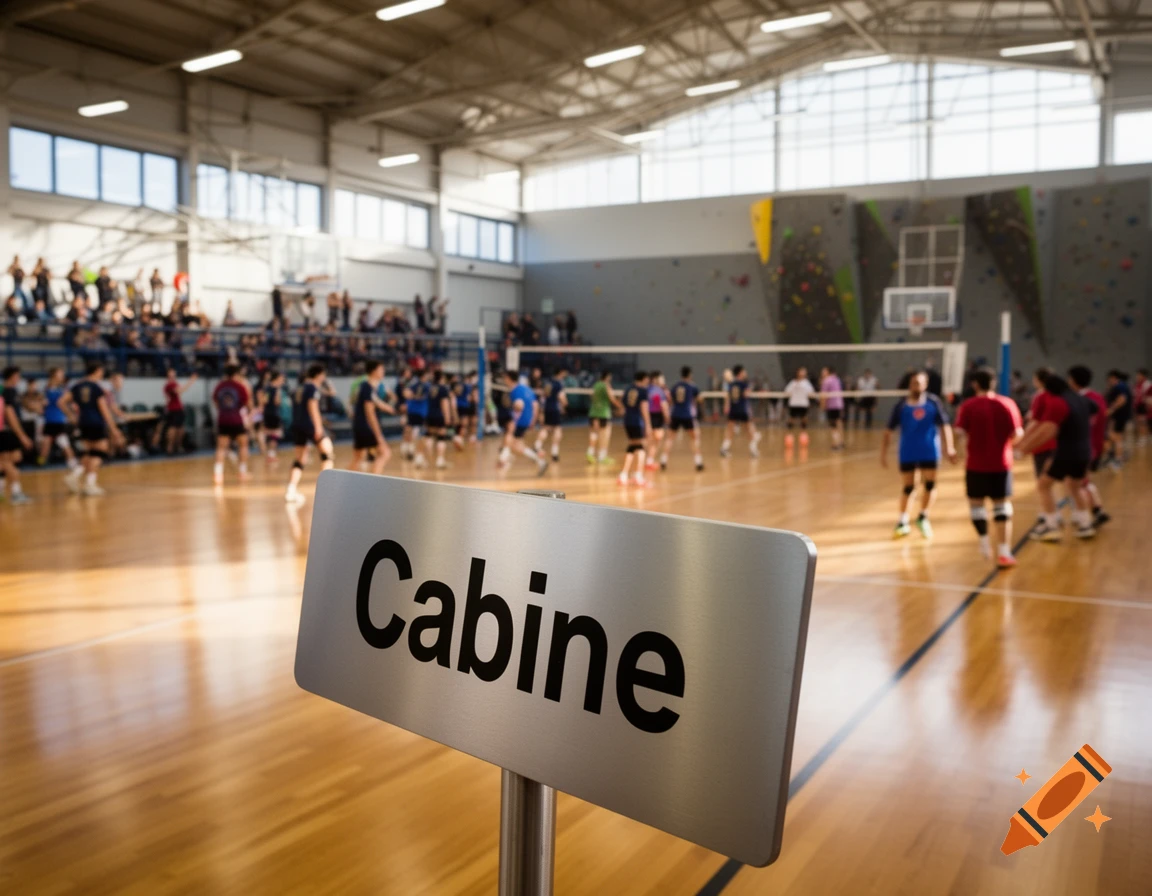 A sign reading "Cabine" in the foreground of a busy sports hall where people are playing volleyball.