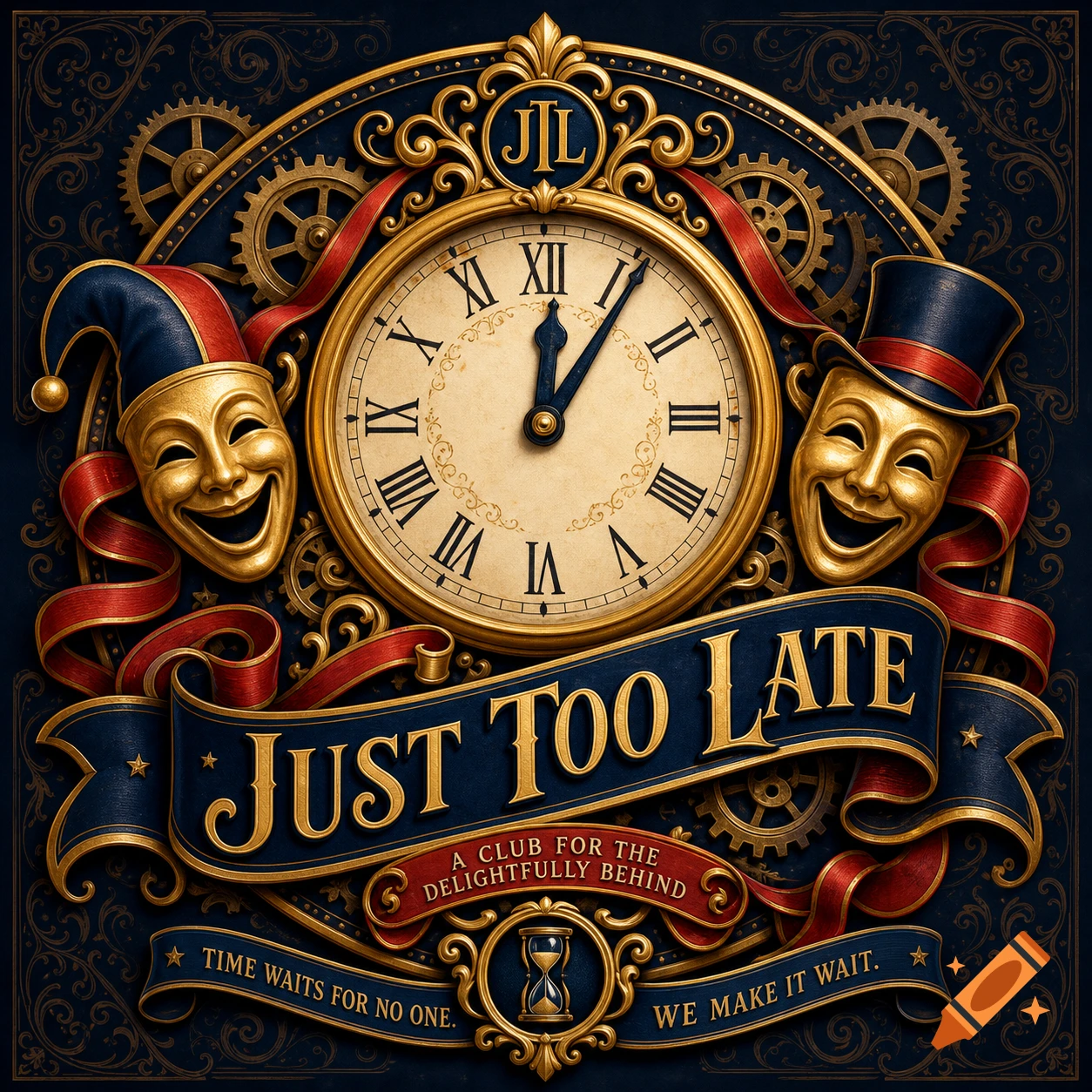 An ornate vintage club emblem in gold and blue with a clock, jester and top hat masks, ribbons, and 'JUST TOO LATE' text.