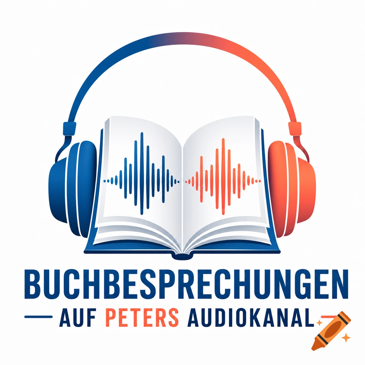 Logo for an audio channel featuring blue and orange headphones over an open book with sound waves, and text 'Buchbesprechungen auf Peters Audiokanal'.