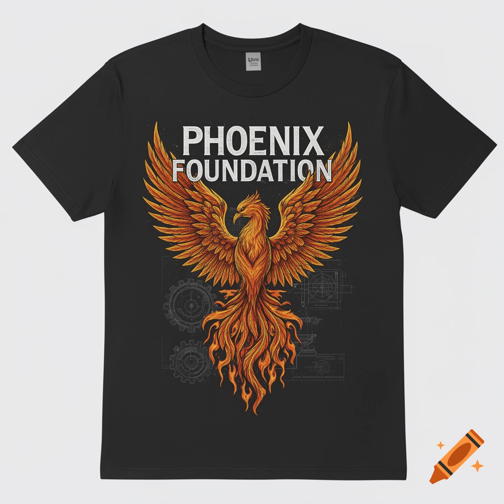 A black t-shirt with a detailed orange and gold phoenix design spreading its wings above the white text "PHOENIX FOUNDATION" against a subtle blueprint background.