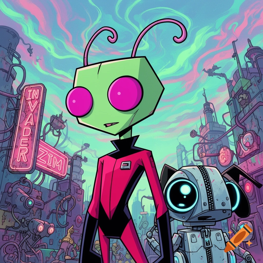 Cartoon alien Zim and his robot companion GIR stand in a vibrant, futuristic cityscape with neon signs, in a stylized animated art style.