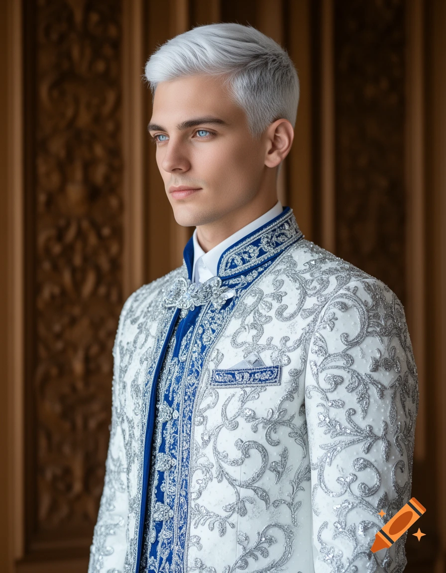 A young man with white hair and blue eyes wears an ornate white and blue royal suit with silver embroidery, in a photorealistic style.