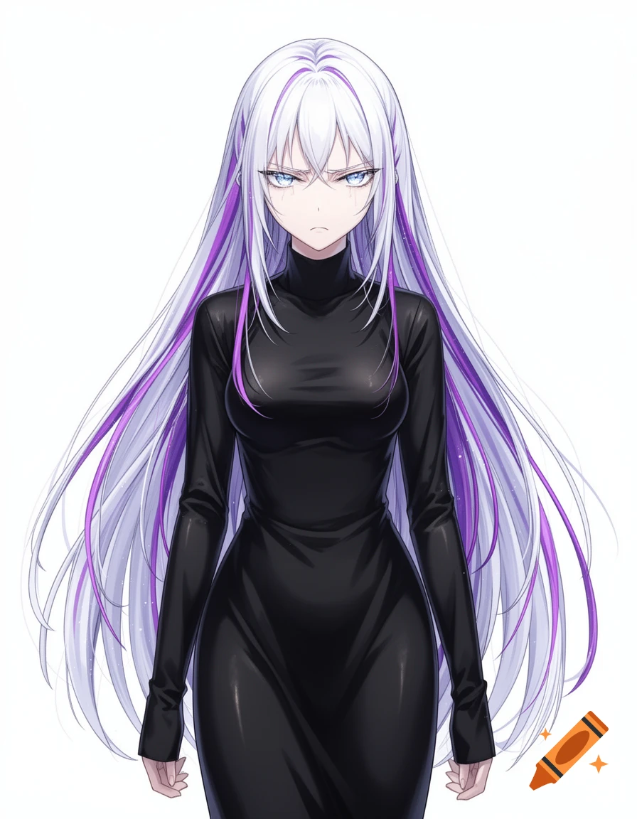 An anime girl with long white hair and purple streaks wears a black long-sleeved dress and frowns.