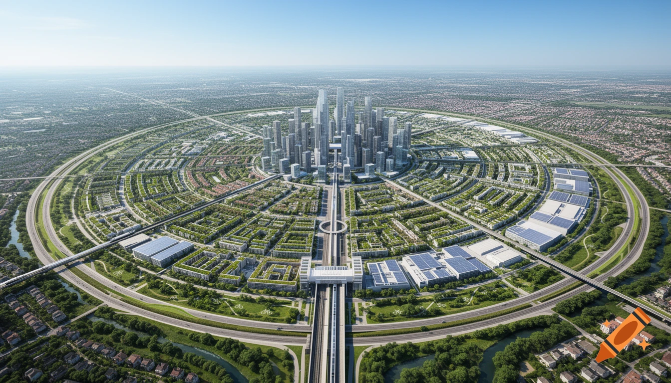 Aerial view of a circular, modern sustainable city with a central skyscraper district, green residential areas, and complex roads.