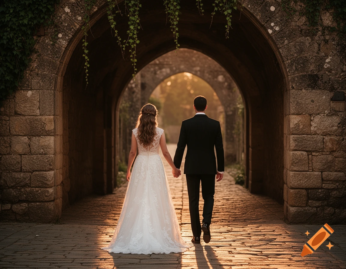 A wedding couple holding hands walks away from the camera through ancient stone archways, bathed in warm golden light.