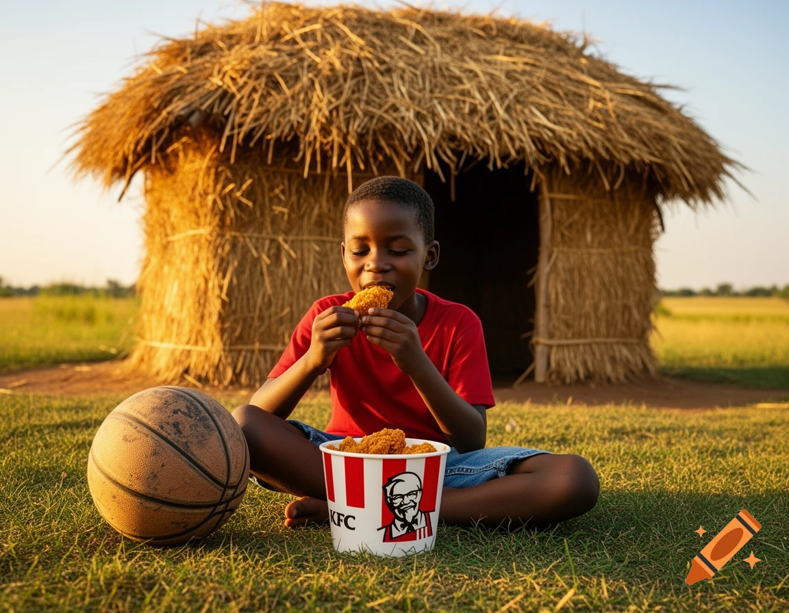 A black boy sits on grass, eating KFC chicken near a basketball and a straw hut in a sunny field. Photorealistic.