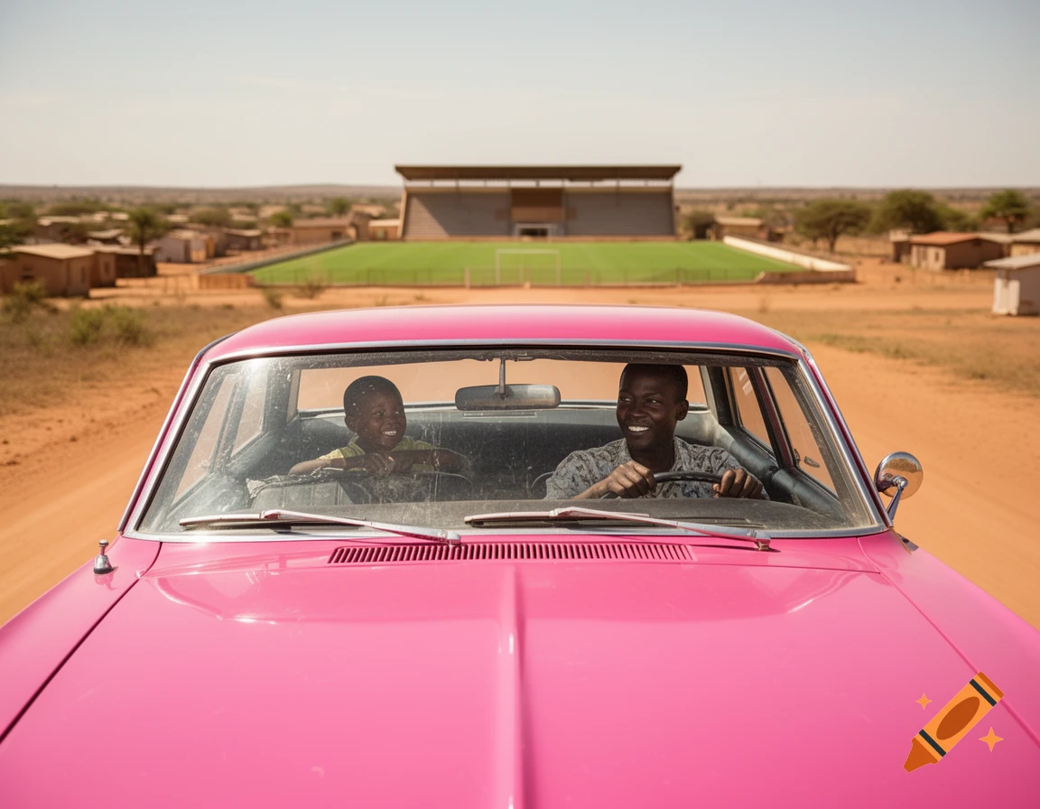 An adult and child smiling in a pink vintage car on a dirt road, driving towards a small football stadium in rural Africa.