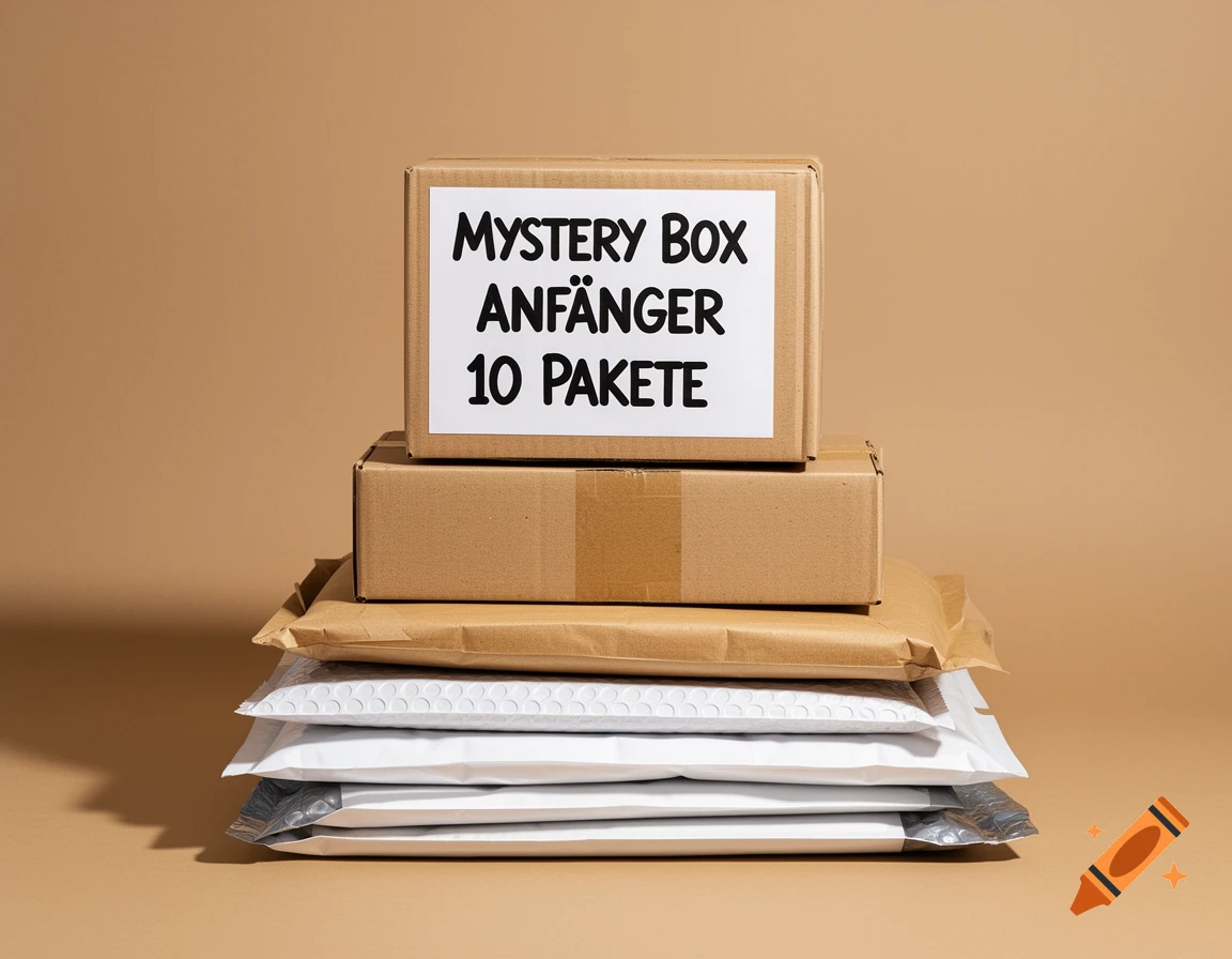 A stack of cardboard boxes and shipping envelopes, with the top box labeled 'MYSTERY BOX ANFÄNGER 10 PAKETE', against a beige background.