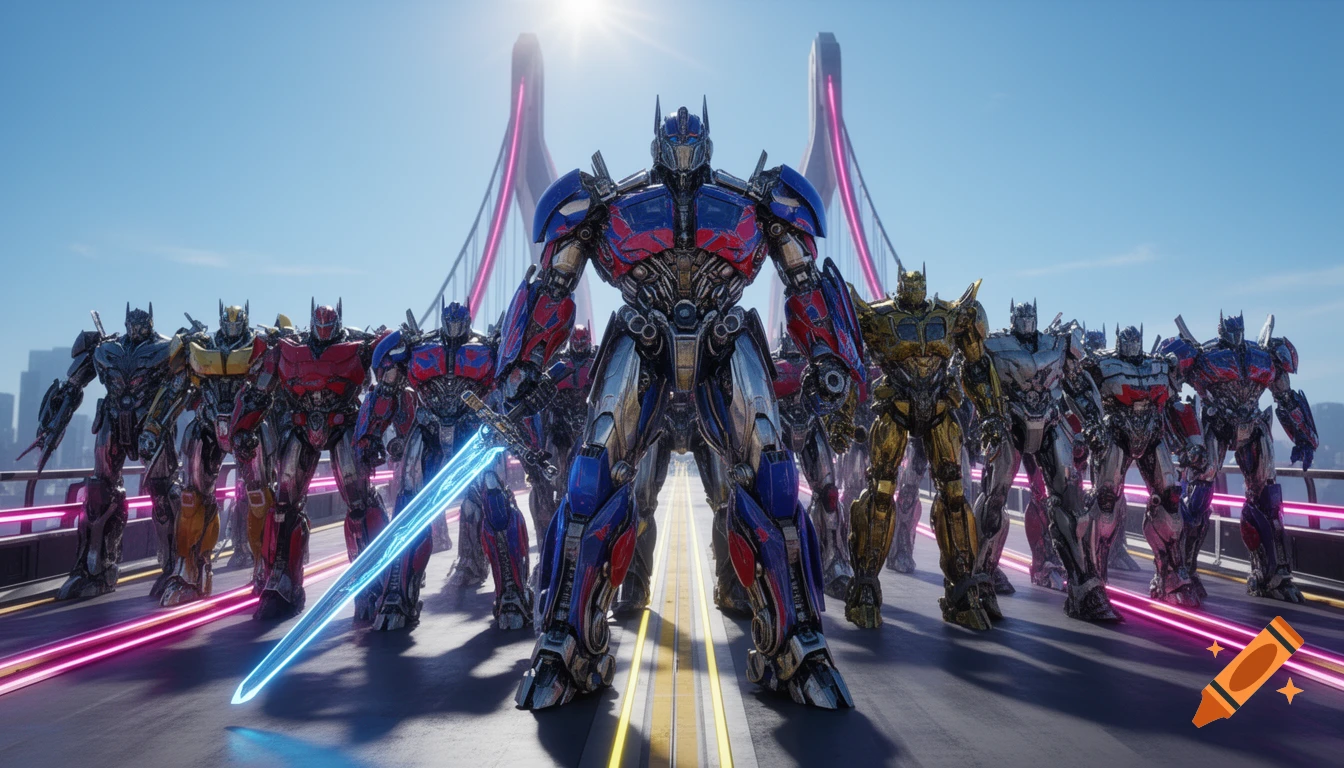 Photorealistic depiction of Optimus Prime holding a neon sword, leading his Autobot army on a neon-lit bridge under a bright sky.