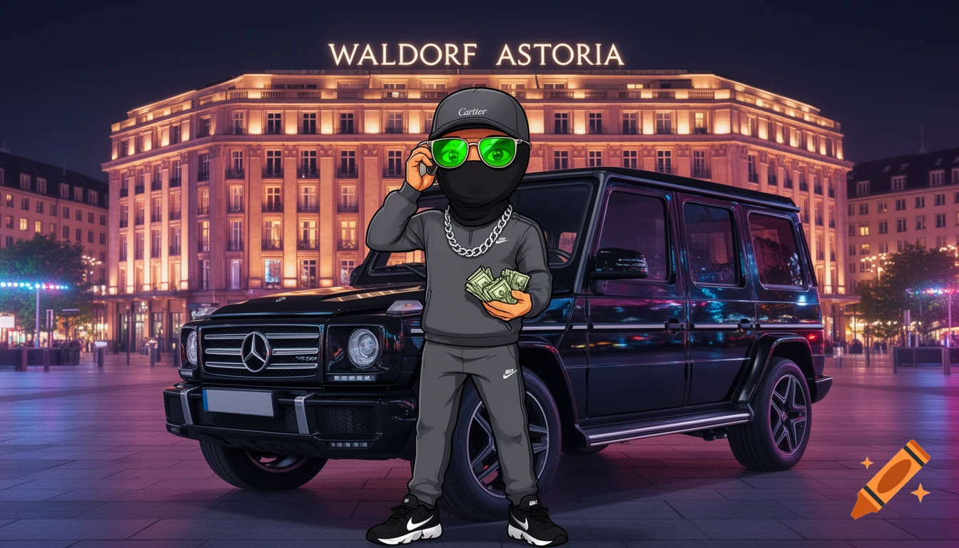 Cartoon character in a balaclava and green sunglasses, holding cash, standing in front of a black Mercedes G Wagon and the Waldorf Astoria hotel at night.