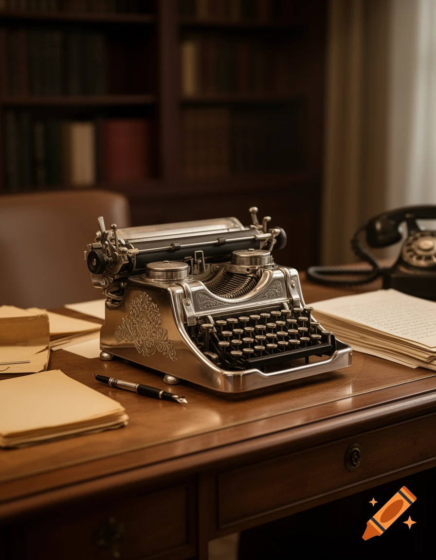 A detailed, photorealistic image of an antique silver typewriter on a wooden desk with papers, a pen, and an old telephone, set in a vintage office with bookshelves.