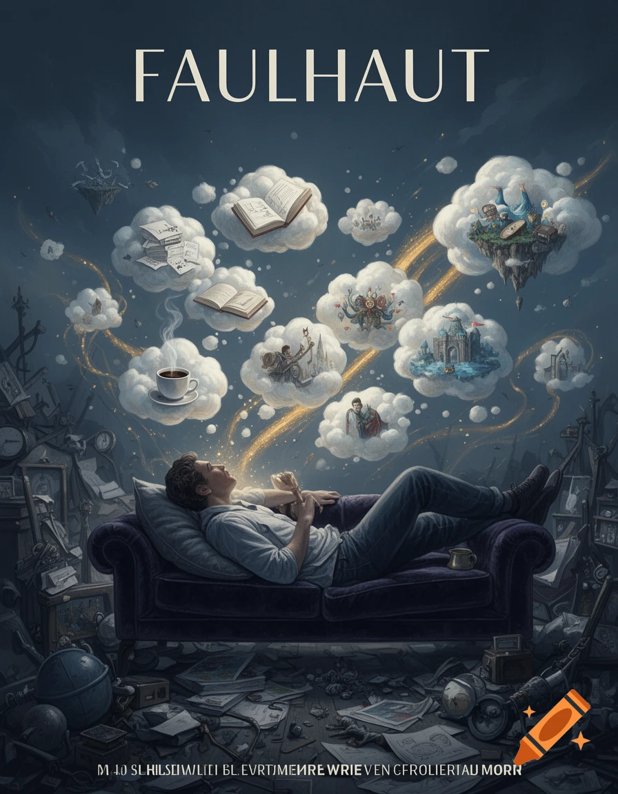 A man lies on a couch, exhaling golden light into thought bubbles depicting various fantasy scenes, books, and a coffee cup, surrounded by an old-fashioned, cluttered room. The title 'FAULHAUT' is at the top.
