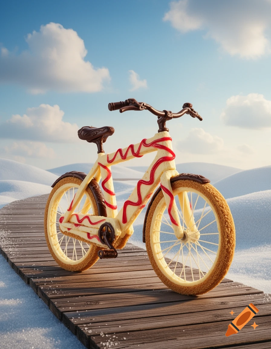 A surreal bicycle made of cheesecake with red frosting stripes stands on a wooden path in a snowy landscape under a blue sky.