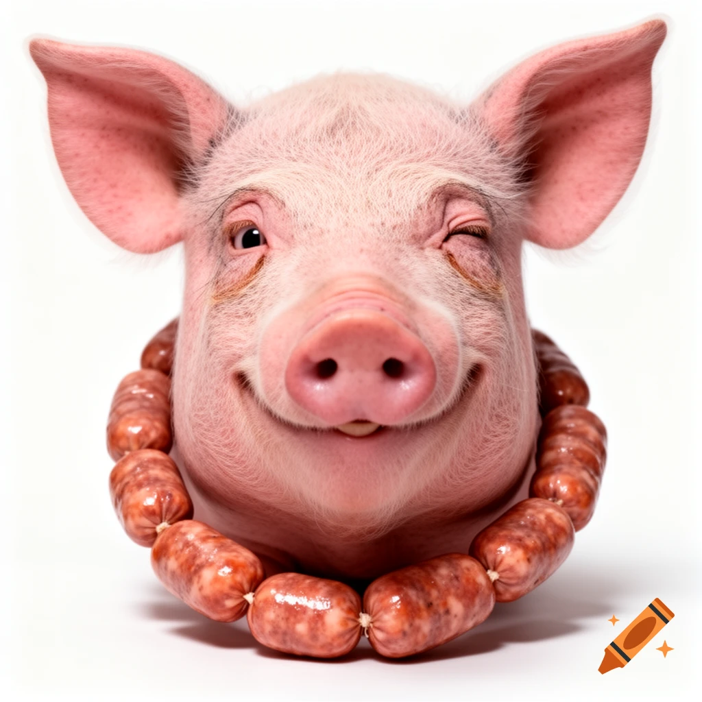 A photorealistic close-up of a smiling, winking pig's head wearing a necklace of sausages against a white background.