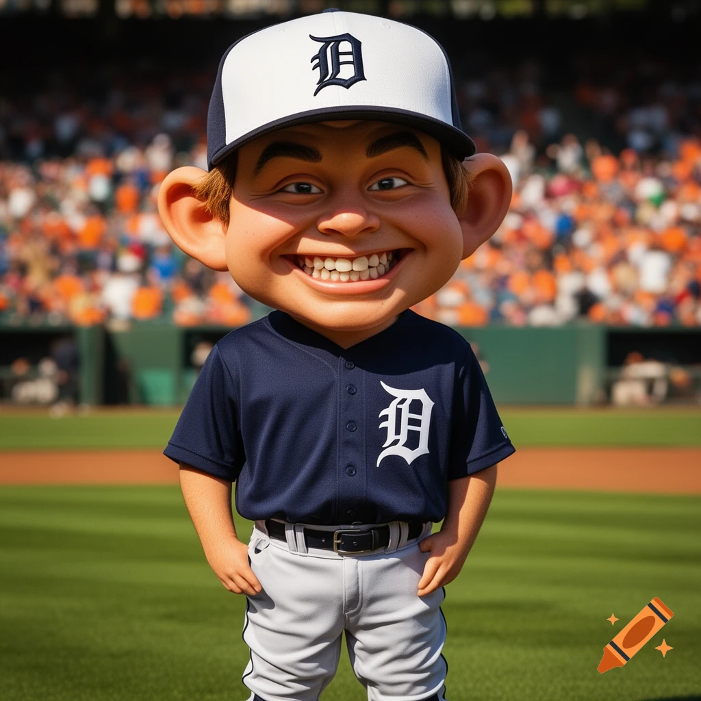 A cartoonish Alfred E. Neuman in a Detroit Tigers baseball uniform stands smiling on a green field.