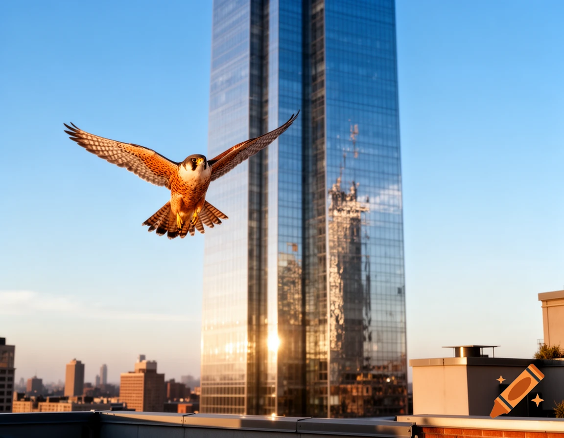 A hawk with outstretched wings flies past a modern glass skyscraper reflecting sunlight and a city skyline.