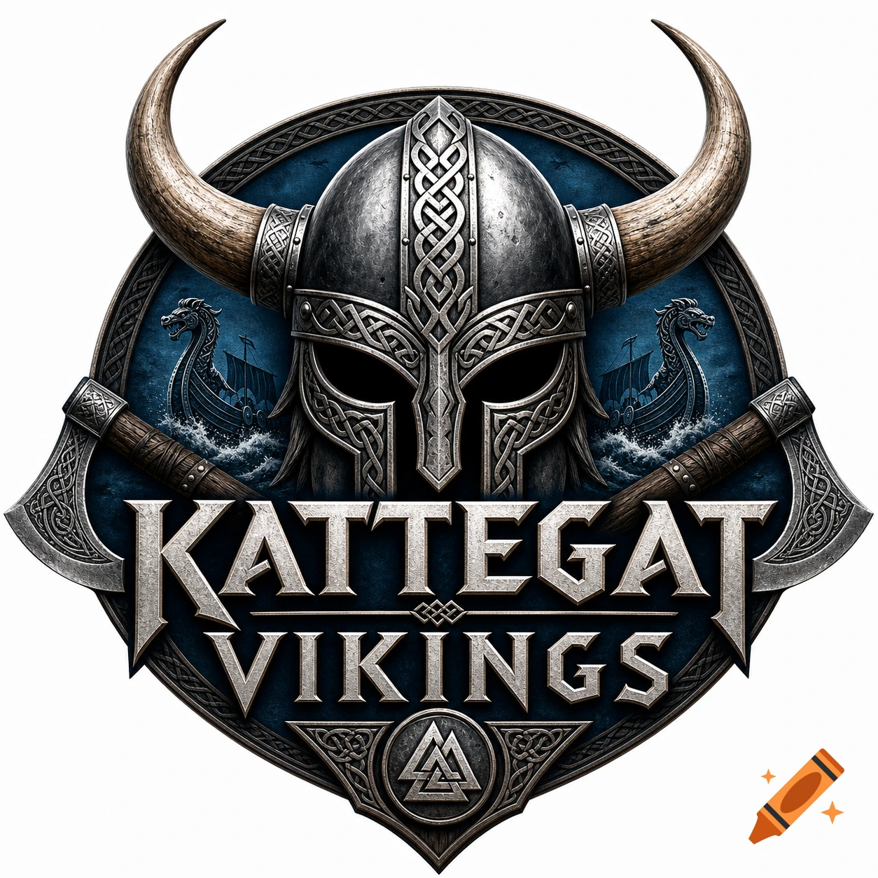 Detailed logo with a horned Viking helmet, crossed axes, two longships, and the words KATTEGAT VIKINGS on a blue, ornate shield.