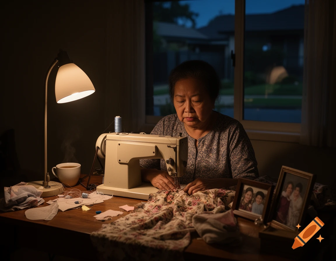 An elderly woman intently sews on a vintage machine at a wooden table under the glow of a desk lamp in a dimly lit room.