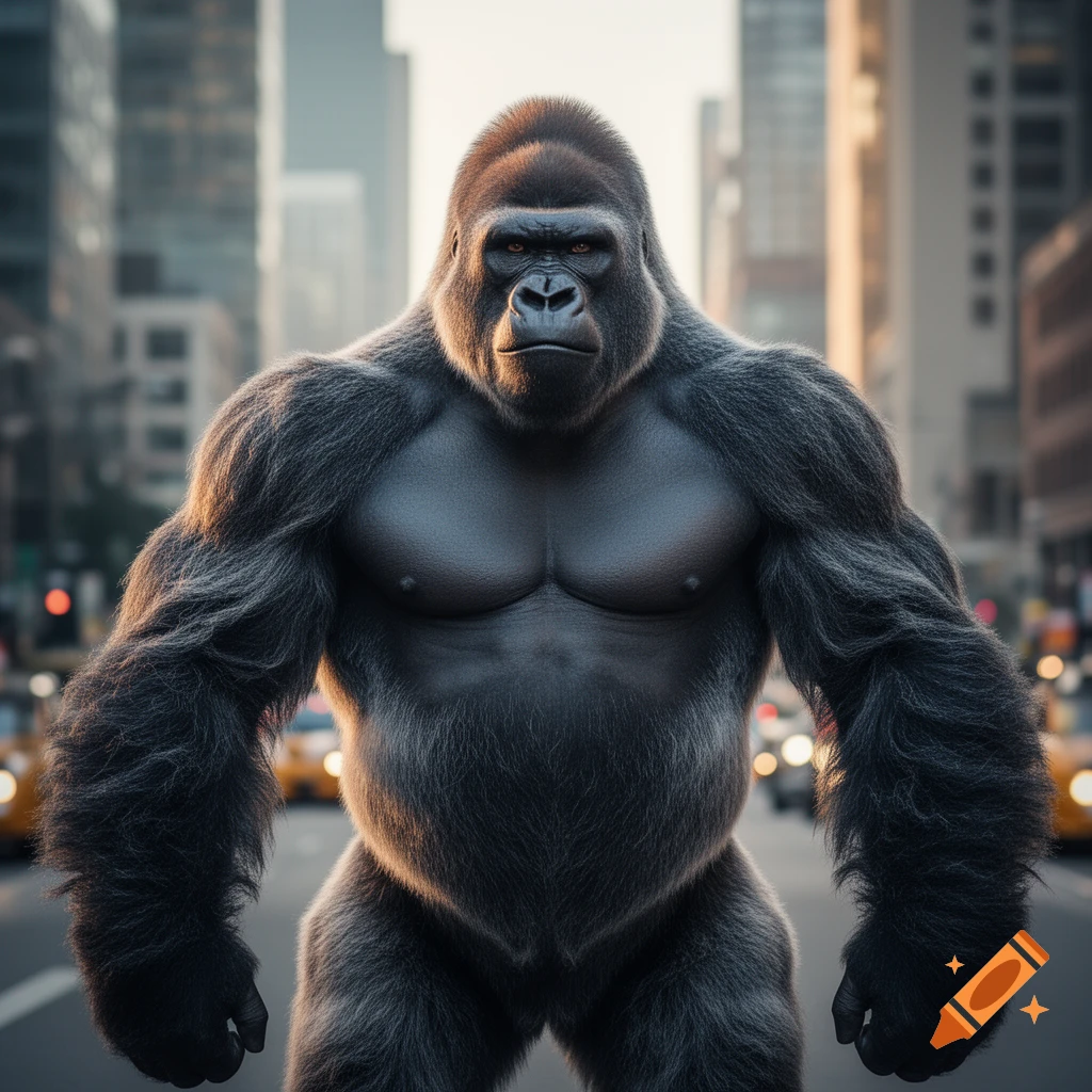 A powerful, muscular gorilla stands confidently in the middle of a city street, with tall buildings and blurred yellow taxis in the background.