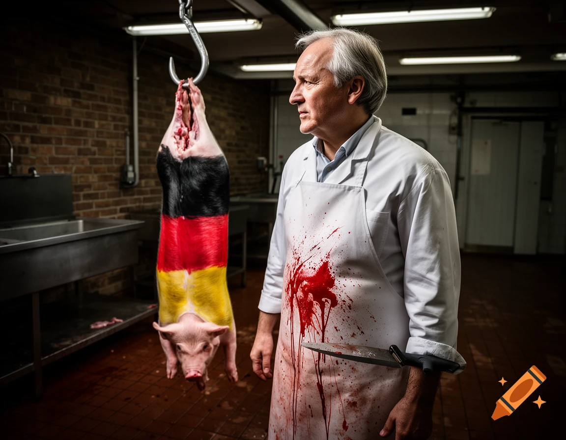A man resembling Friedrich Merz in a blood-splattered butcher's apron holds a bloody knife, standing next to a slaughtered pig painted with the German flag's colors, hanging in a slaughterhouse.