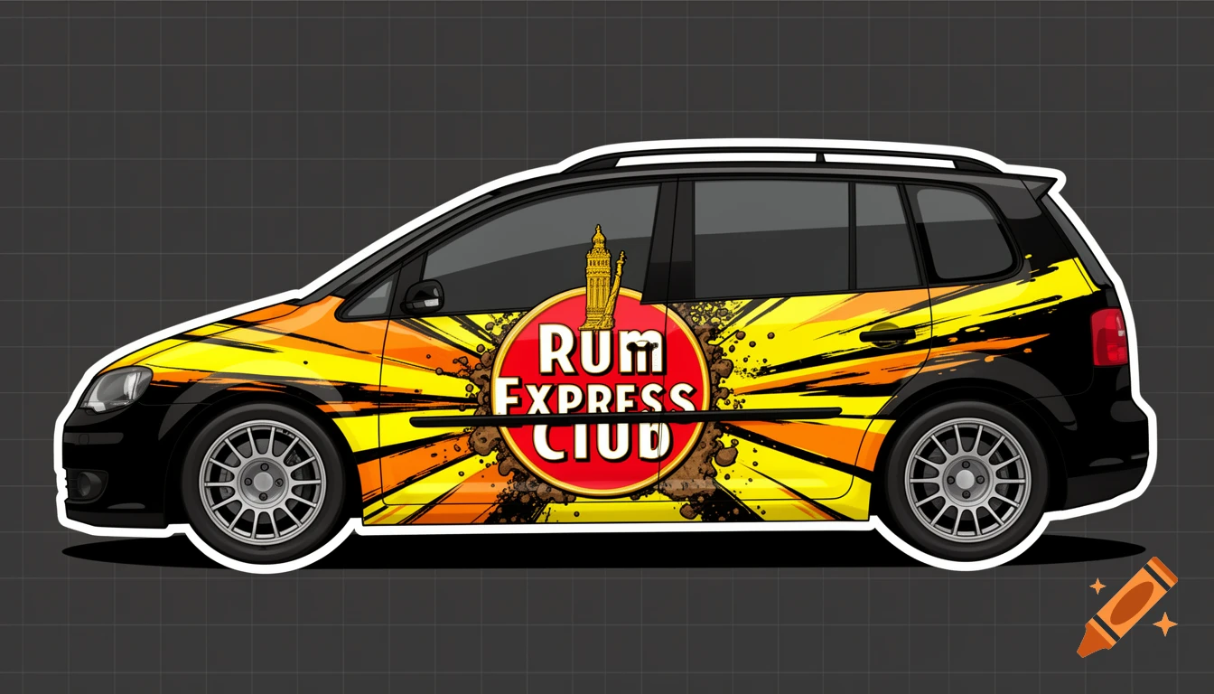 A side view of a black car with a custom livery sticker. The sticker features yellow and orange rally stripes, comic-style mud splashes, and a red circular emblem with a golden La Giraldina statue silhouette and the text "RUM EXPRESS CLUB".