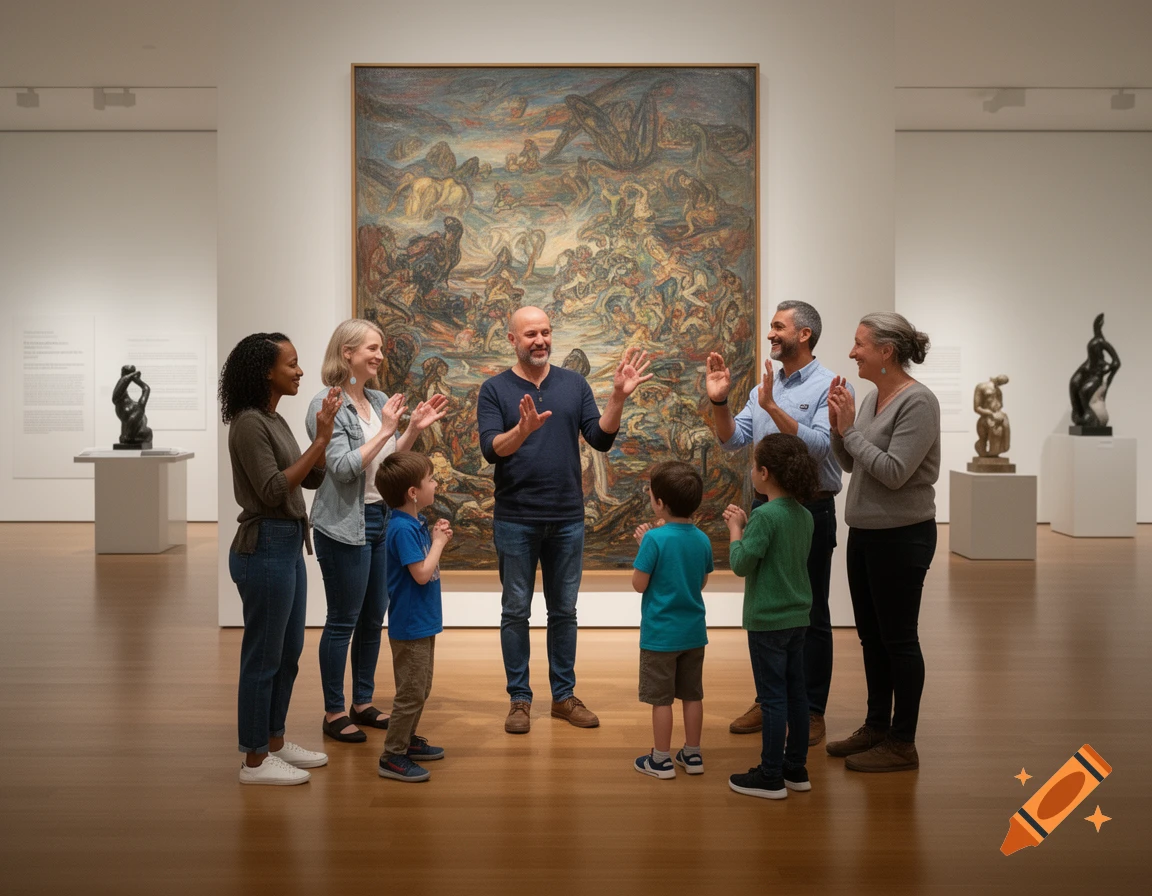 Adults and children in a museum gallery listen to a man signing in front of a large abstract painting, with sculptures nearby.
