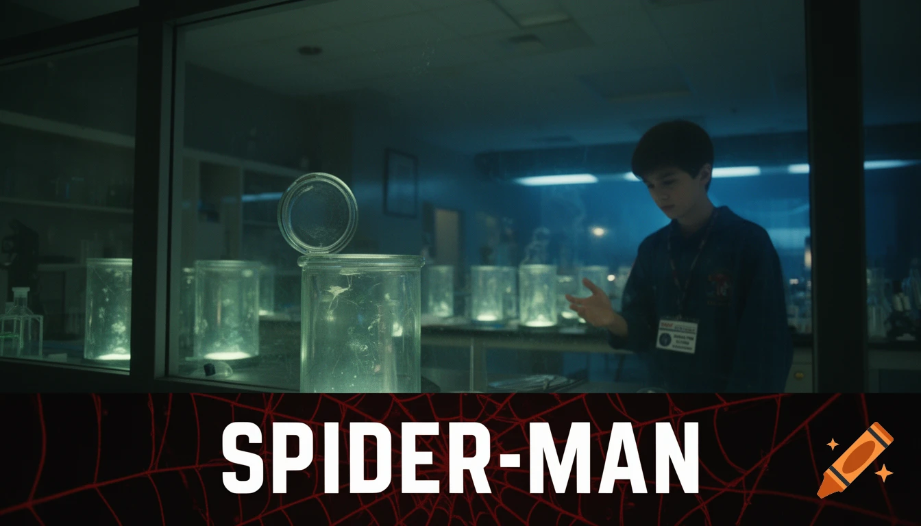 A boy in a dim genetics lab, seen through a glass partition, looks at his hand with glowing specimen tanks behind him. The title "SPIDER-MAN" is at the bottom.