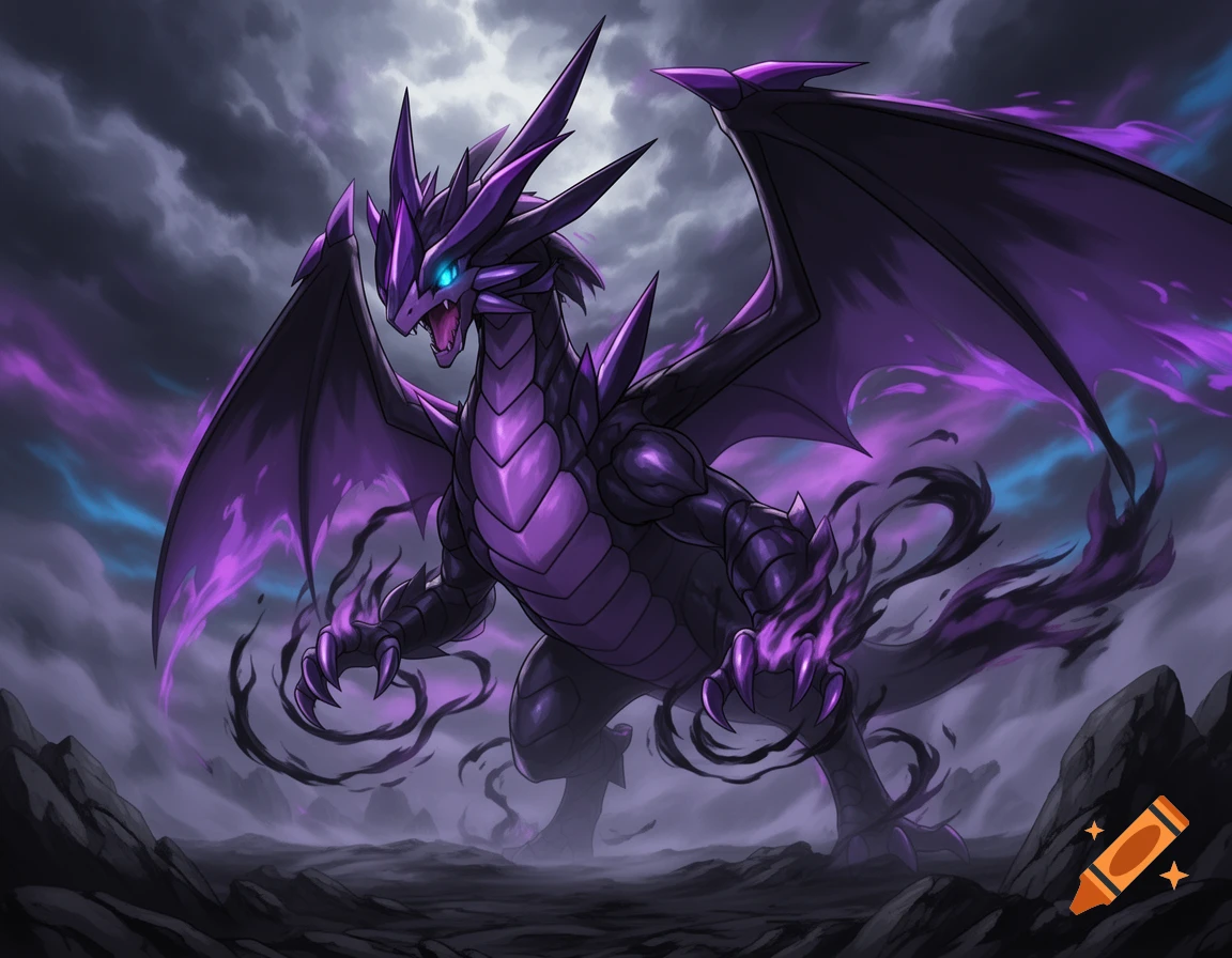 A fierce purple and black anime-style dragon with glowing blue eyes, large wings, and dark energy, stands on rocky ground under a cloudy sky.