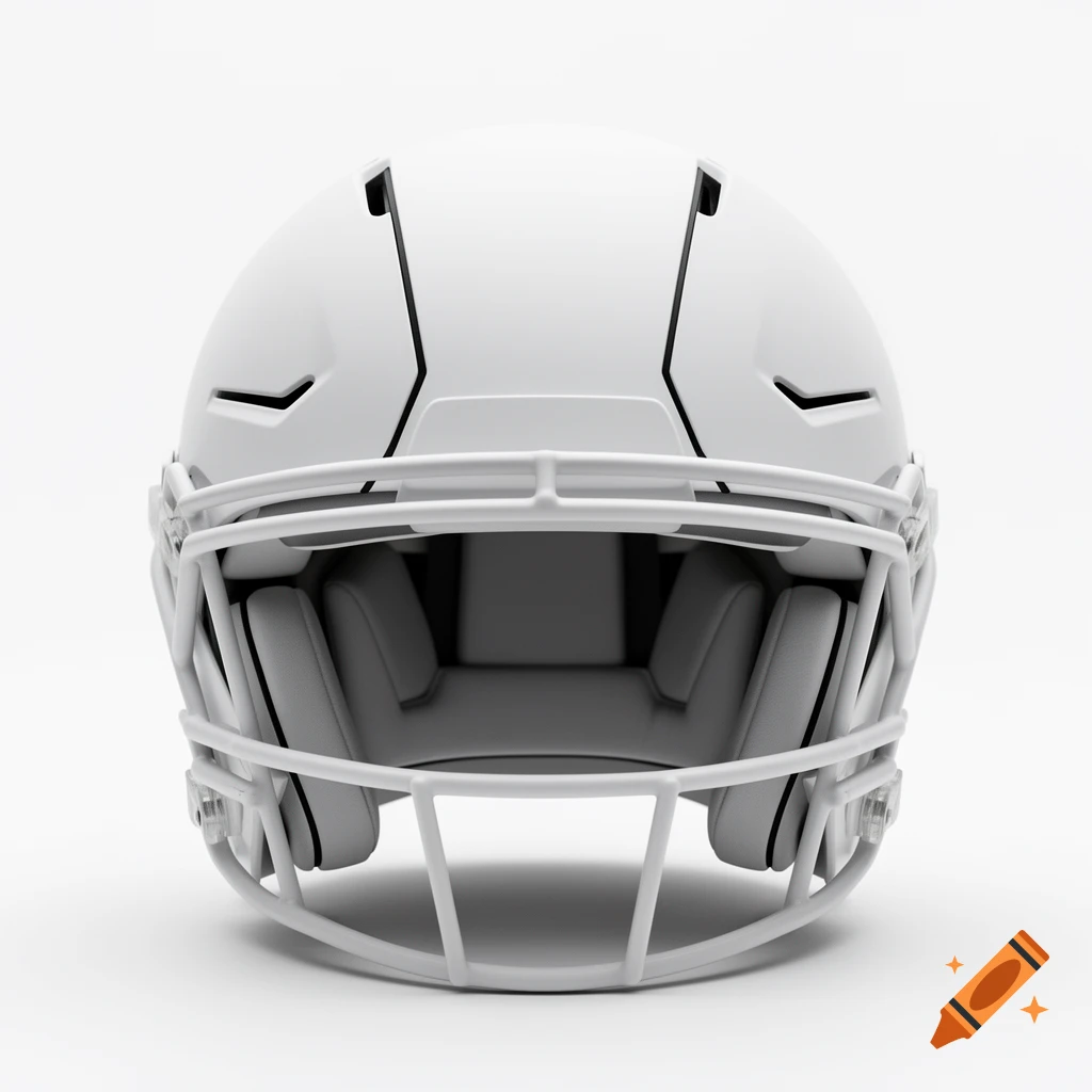 Front view of a realistic, futuristic matte white football helmet with black accents.