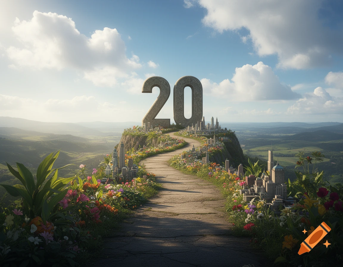 A winding path ascends a mountain adorned with flowers and miniature cities, leading to a large stone number 20.