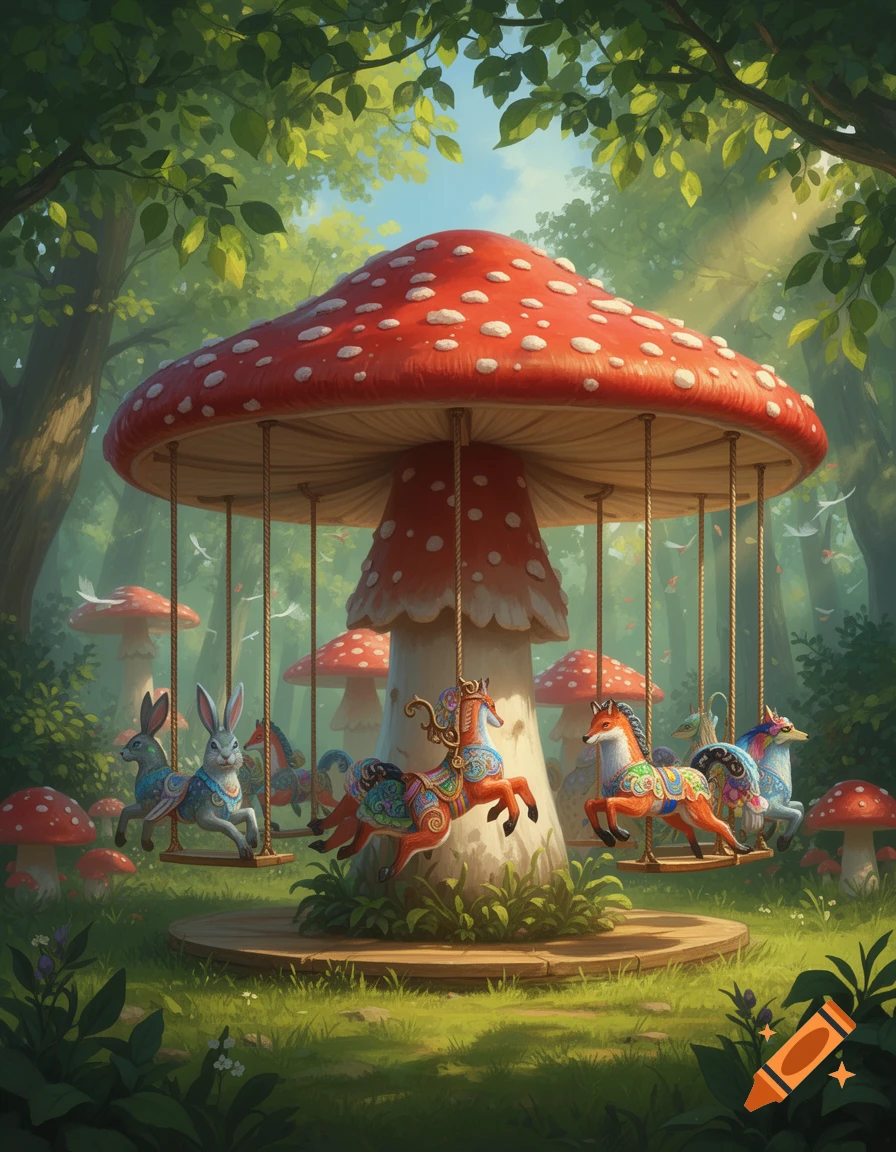 Whimsical mushroom carousel with decorated animals in an enchanted forest, dappled with sunlight, in an illustrative style.