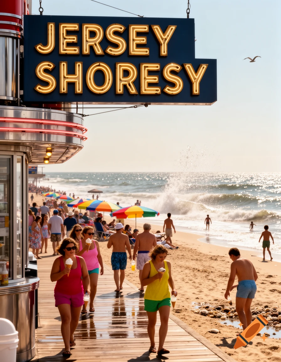 A vibrant beach boardwalk scene with people walking and a large "JERSEY SHORES" sign.