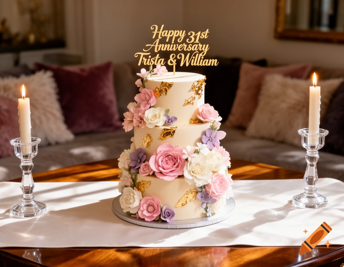 A three-tier anniversary cake decorated with pink, white, and purple flowers, gold leaf, and a text topper, flanked by lit candles.